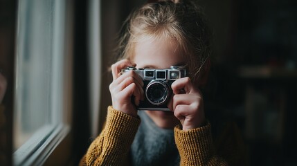 A child in a cozy sweater holds a vintage camera, capturing moments by a window, evoking curiosity and nostalgia.