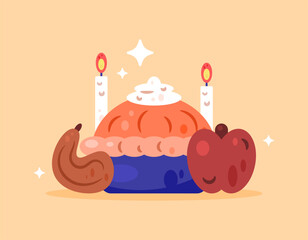 Thanksgiving celebration meal concept. Illustration of a pie with pumpkin, apple, and candles. Food and drink presentation. decoration and ornaments. Flat design style. Orange background.