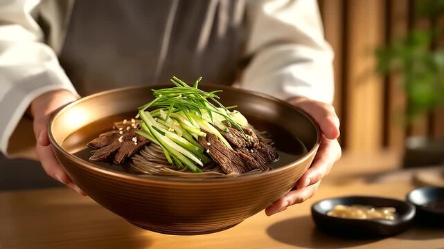 Experience the cinematic elegance of a confident chef presenting Pyeongyang Naengmyeon in a gleaming yugi brass bowl at a vibrant culinary event.