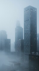 Towering skyscrapers emerge from ethereal morning fog creating a dramatic, atmospheric urban skyline ideal for business concepts