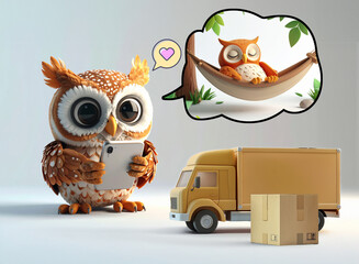 オンラインショッピングを楽しむ可愛いフクロウがスマートフォンでEコマースサイトを閲覧し、快適な配送サービスを夢見る3Dイラスト - デジタル商取引とモバイルアプリケーションの現代的なライフスタイルを表現したキャラクターデザイン