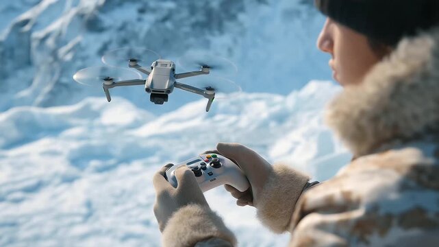 "Experience the cinematic precision of a researcher expertly piloting a drone over a vast, snowy landscape, captured in stunning Adobe stock footage."