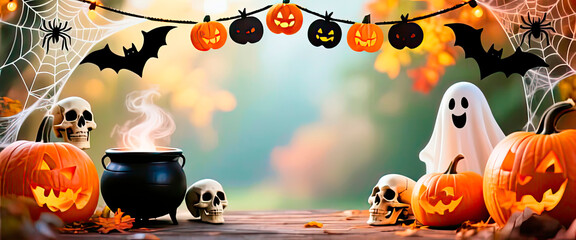A frame consisting of a garland of Halloween elements: pumpkins, a black cauldron, skulls, cobwebs and spiders, bats, and cheerful ghosts