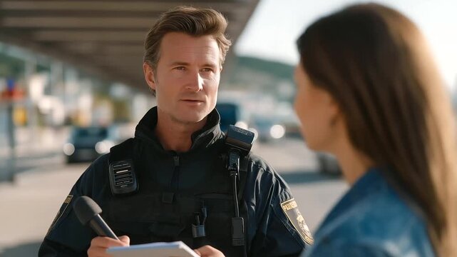A cinematic roadside scene captures a police officer interviewing an anxious witness, with a creased notebook documenting the tense moment.