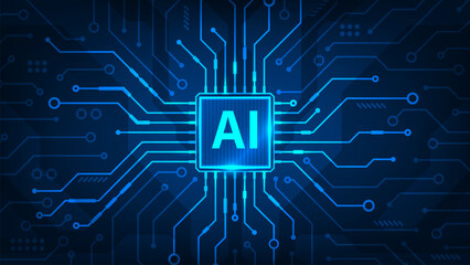 Abstract Artificial intelligence technology chip processor circuit board on blue background