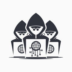 Three hooded hackers working diligently on laptops to compromise global network security