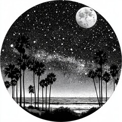 A circular, black and white illustration captures a serene coastal scene under a starry night sky.