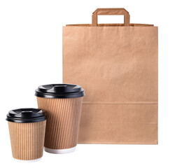 Coffee cups and paper bag for takeout beverage