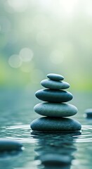 Fototapeta premium Serene stacked stones create perfect balance and harmony in tranquil water reflecting soft bokeh lights