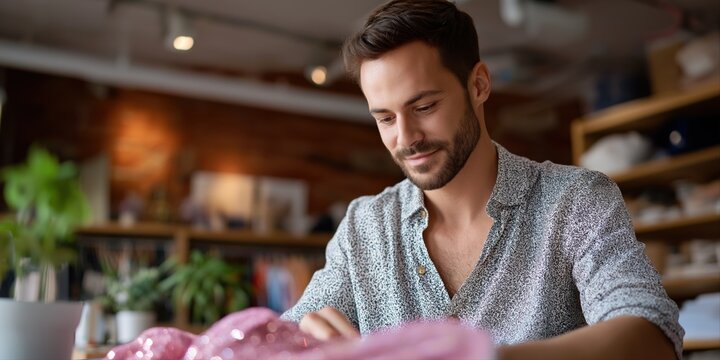 Young caucasian male designer working on fashion project in studio
