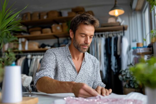 Caucasian male adult tailor working on garment in clothing studio - Powered by Adobe