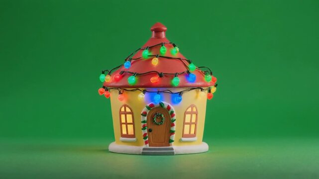 A small cartoon house is lit up with colorful blinking Christmas lights. Lights twinkle in a repeating pattern. Full shot on green screen background