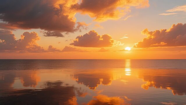 Sunset over calm ocean with vibrant orange and pink sky reflected in water