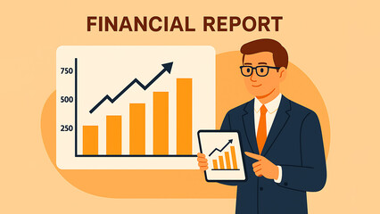 Flat-style digital illustration of a businessman presenting financial data with charts and graphs. Concept of corporate finance, reporting, and business analysis.