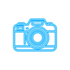 A bright blue neon-style illustration of a camera with a lens, flash, and viewfinder on a white background.