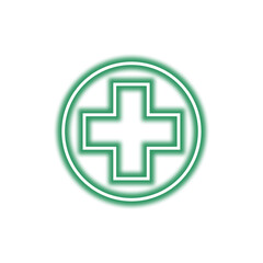 Fototapeta premium A green neon medical cross symbol inside a circle, glowing on a white background.
