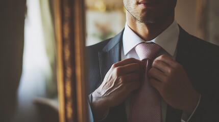 Dapper groom finishing his tie adjustment in front of mirror captured in soft focus ambiance