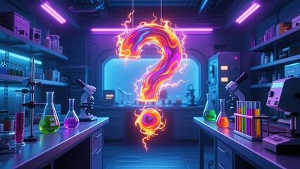 A glowing question mark hovers in a futuristic laboratory filled with scientific equipment and neon lighting.