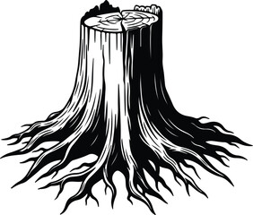 Vector Detailed tree stump with exposed roots silhouette Illustrator