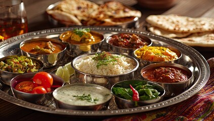 Indian meal on a round metal platter
