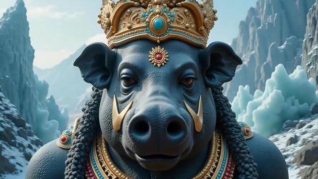Majestic Lord Varaha Divine Presence on Eternal Ice Peak Awe-Inspiring Hindu Deity in 4K Video Footage