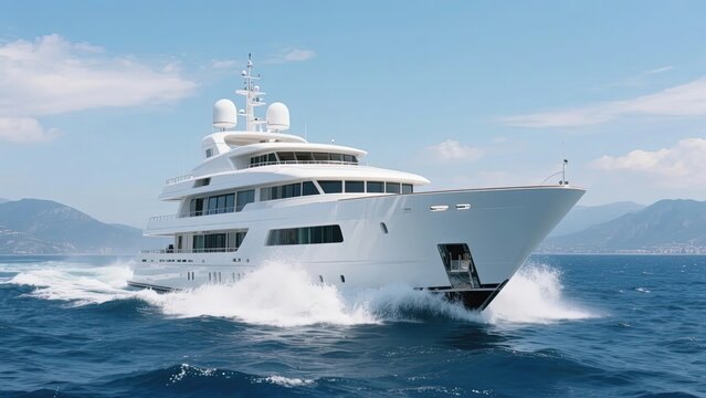A large white luxury yacht cruising on the open sea with mountains in the background