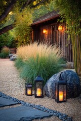 A tranquil outdoor space features a pathway lined with decorative lanterns, illuminating a garden filled with tall grasses and a weathered wooden structure.