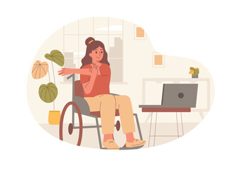 Vector illustration of woman in wheelchair doing stretching exercises at home, following an online class on a laptop. A concept of a healthy lifestyle, home workout, rehabilitation, and accessibility
