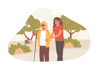 Vector illustration of a young woman or volunteer helps a blind elderly woman walk in the park. A concept of support, care for seniors, volunteering, and social help for people with visual impairments