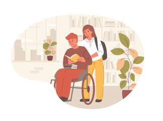 Vector illustration of a young man in a wheelchair and a woman read a book together in a library or bookstore. A concept of education, love, support, and accessibility for people with disabilities