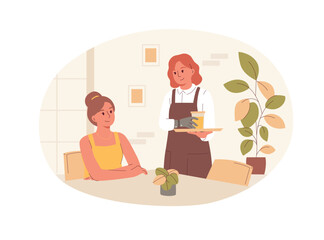 Vector illustration of waitress with a prosthetic arm works in a cafe, serving a customer. A concept of an inclusive workplace, employment for people with disabilities, diversity, and equality at work