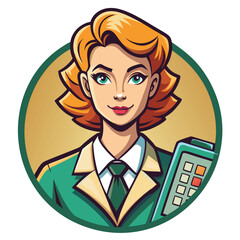 A woman with reddish orange hair. wearing a green blazer and tie. holding a device. is depicted.