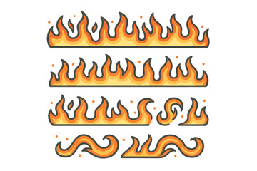 Collection of stylized fire borders and flame elements for design projects, representing heat, energy, and danger concepts