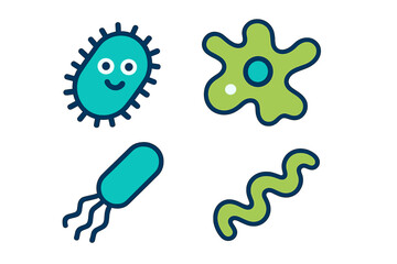 Diverse microorganisms such as bacteria, amoeba, and other microbes in a simple, modern scientific style