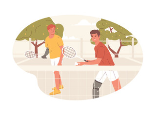 Vector illustration of two young men with prosthetic arms and legs play tennis. An inspiring concept of an active sport lifestyle, friendship, and rehabilitation for amputees, people with disabilities