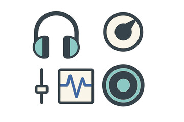 Flat design icons for music and sound engineering featuring headphones, control knob, fader, and audio waveform