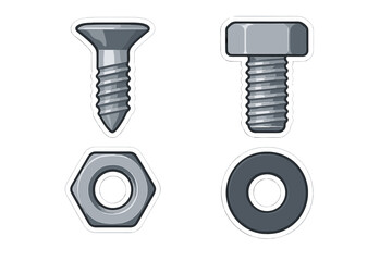 Set of common construction and repair hardware items such as a wood screw, machine bolt, hex nut, and flat washer