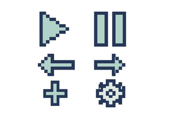 Set of pixelated user interface icons including play pause arrows plus and settings for digital design and retro gaming
