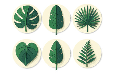 Vibrant green tropical leaves with various shapes and patterns on clean circular backgrounds