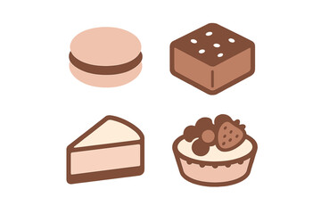 Delicious assortment of baked goods and sweet treats featuring macaron, brownie, cheesecake, and fruit tart