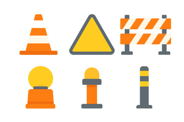 Collection of road construction safety equipment and warning signs like traffic cones, barriers, and flashing lights