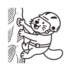 Cute Otter Otti Climbing Rock Wall Wearing Safety Helmet And Harness Line Art Design.