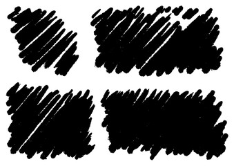 Abstract black scribbles and brush strokes on a white background, graphic design elements for creative projects and art