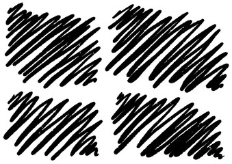 Set of four hand-drawn black marker scribbles. Abstract chaotic doodles and messy ink strokes isolated on a white background for creative design