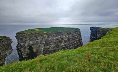 Wonderful views of the cliffs with islands and birds in the Scottish Highlands near Thurso