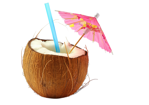 Coconut drink with straw and umbrella Isolated on a transparent background - Powered by Adobe