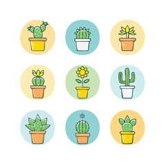 Adorable Flat Design Cactus and Succulent Potted Plant Icon Set, a Vibrant Collection of Houseplant Illustrations for Web and Graphic Projects