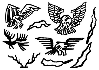 Illustration of eagles and abstract shapes in a minimalist black and white design