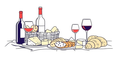 Elegant line art doodle of French/Italian picnic breakfast with wine, cheese, bread, & croissants,   food illustration,   floral