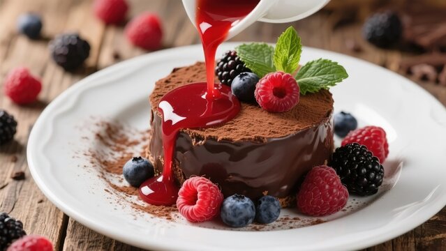 Chocolate dessert being drizzled with raspberry sauce, garnished with fresh berries and mint on a white plate - Powered by Adobe
